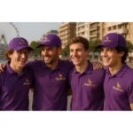 Grup de persoane purtând tricouri polo bărbați personalizate mov cu logo iRealPrint, imagine de echipă pentru promovare brand la evenimente