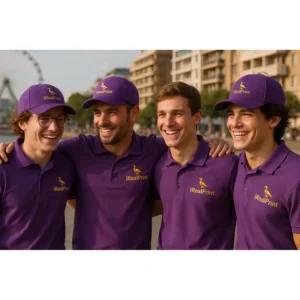 Grup de persoane purtând tricouri polo bărbați personalizate mov cu logo iRealPrint, imagine de echipă pentru promovare brand la evenimente