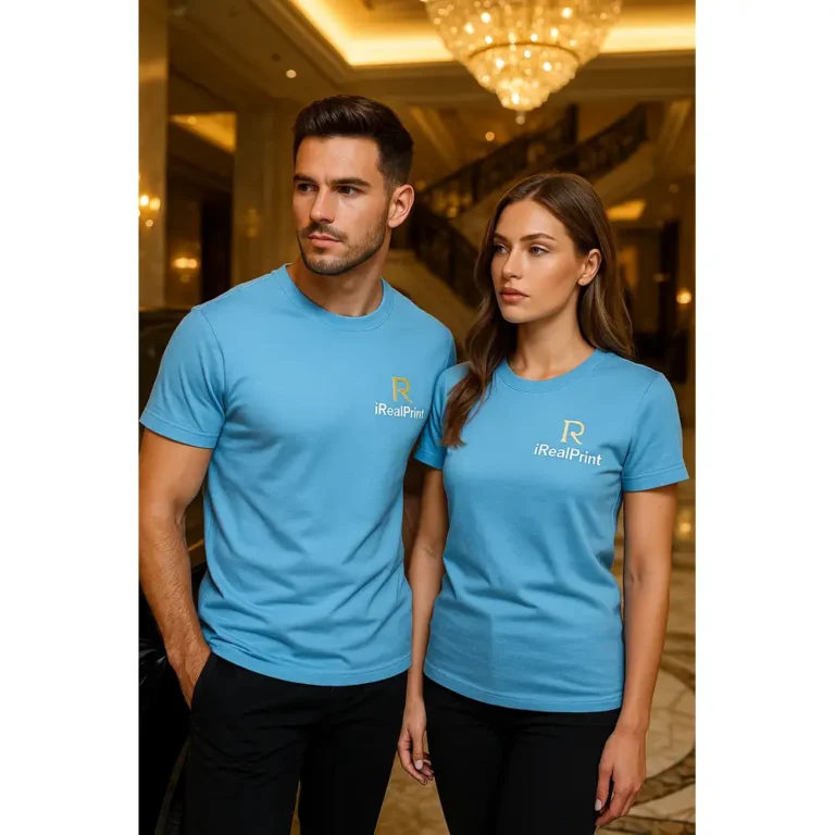 Bărbat și femeie purtând tricouri unisex albastru azur personalizate într-un cadru elegant, stil modern pentru promovare brand