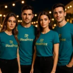 Grup de persoane purtând tricouri unisex personalizate albastru petrol cu logo iRealPrint, imagine de echipă pentru branding modern