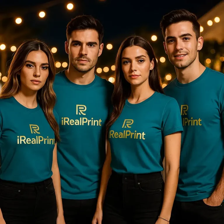 Grup de persoane purtând tricouri unisex personalizate albastru petrol cu logo iRealPrint, imagine de echipă pentru branding modern