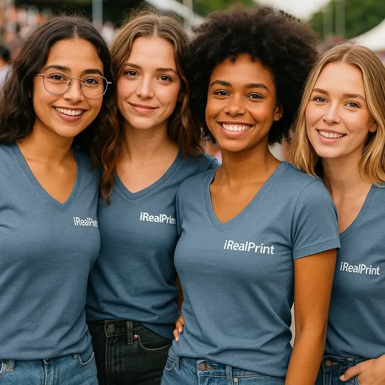 Grup de femei purtând tricouri damă denim cu anchior în V personalizate, stil urban modern și atmosferă prietenoasă