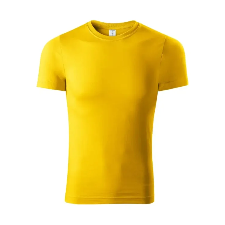 Tricou unisex personalizat galben prezentat frontal pe fundal simplu, design modern din bumbac ideal pentru personalizare