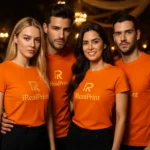 Grup de persoane purtând tricouri unisex portocalii personalizate cu logo iRealPrint într-un context de eveniment nocturn, imagine pentru branding și identitate vizuală
