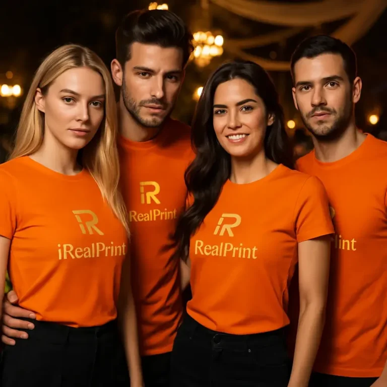 Grup de persoane purtând tricouri unisex portocalii personalizate cu logo iRealPrint într-un context de eveniment nocturn, imagine pentru branding și identitate vizuală
