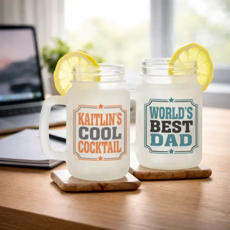 Halbe de limonadă personalizate cu mesaje creative și felii de lămâie, prezentate într-un cadru casual pe birou, sugerând idei de cadouri personalizate pentru familie sau prieteni
