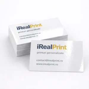 Cărți de vizită laminate lucios personalizate cu finisaj strălucitor și aspect modern, concepute pentru branding profesional și marketing offline eficient