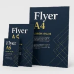 Flyere personalizate în formatele A6, A5 și A4 prezentate comparativ pentru a evidenția diferențele de dimensiune utilizate în campanii de marketing.