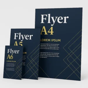 Flyere personalizate în formatele A6, A5 și A4 prezentate comparativ pentru a evidenția diferențele de dimensiune utilizate în campanii de marketing.