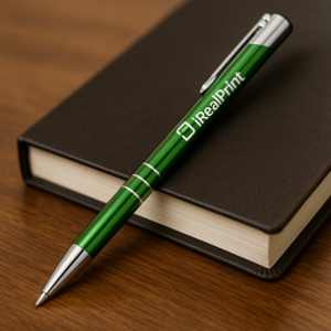 Pix metalic aluminiu Hello verde așezat pe notebook lângă o ceașcă de cafea pe birou, pix promoțional metalic personalizat pentru branding corporate și utilizare zilnică