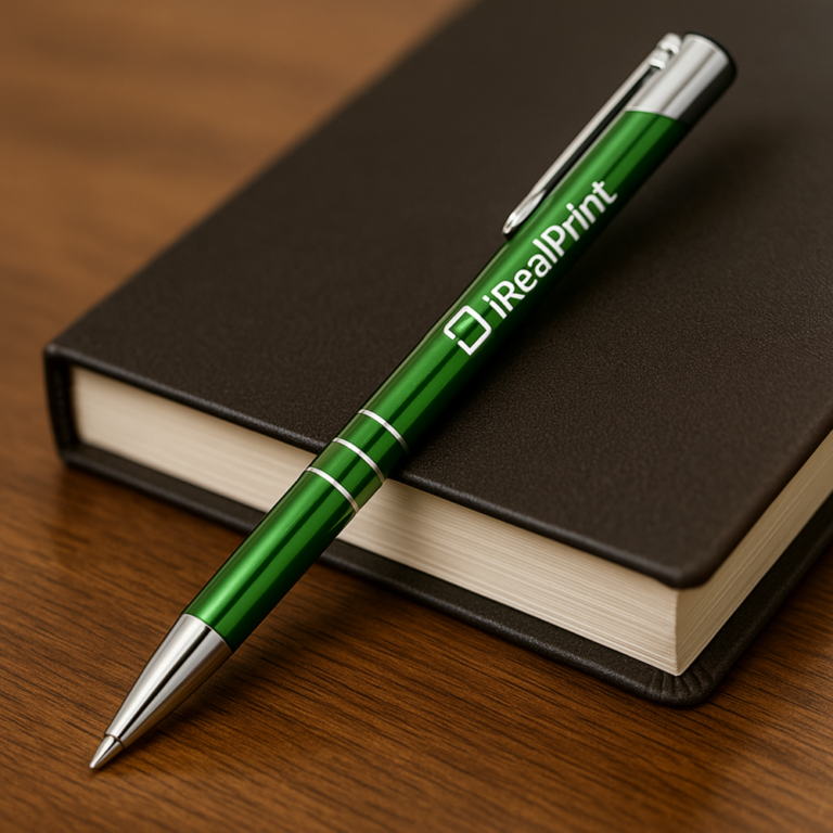 Pix metalic aluminiu Hello verde așezat pe notebook lângă o ceașcă de cafea pe birou, pix promoțional metalic personalizat pentru branding corporate și utilizare zilnică