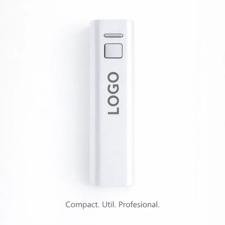 Power bank personalizat alb, vedere frontală cu logo, produs promoțional premium cu design curat, potrivit pentru cadouri corporate și evenimente business