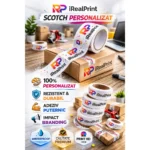 Banda adeziva personalizata fond alb utilizata in logistica pentru sigilare colete si promovare vizuala eficienta