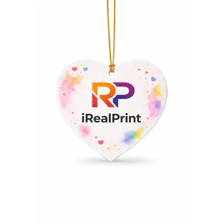 Odorizant personalizat in forma de inima cu logo iRealPrint si design colorat, aspect modern si atractiv