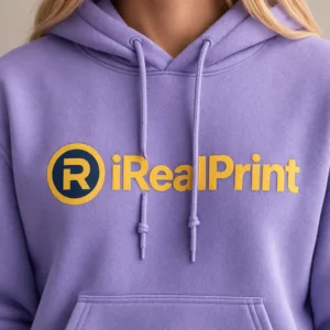 Prim-plan pe hanorac violet personalizat cu branding vizibil, evidentiind contrastul si impactul vizual puternic