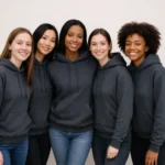 Grup de femei purtand hanorace dark heather personalizate, imagine de echipa cu stil coerent si identitate vizuala moderna