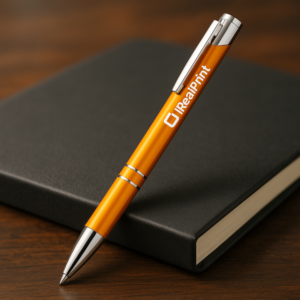 Pix metalic aluminiu personalizat Hello portocaliu așezat pe notebook pe birou, pix promoțional metalic elegant pentru branding modern și utilizare profesională