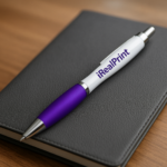 Pix personalizat Elipse White mov așezat pe agendă de birou, obiect promoțional modern utilizat pentru branding și vizibilitate constantă