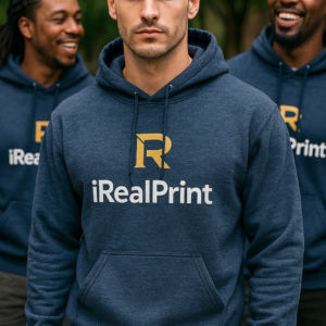 Grup de bărbați purtând hanorace personalizate heather navy iRealPrint într-un context urban modern, ilustrând stil streetwear contemporan, branding vizibil pentru echipe și identitate vizuală puternică pentru evenimente sau companii