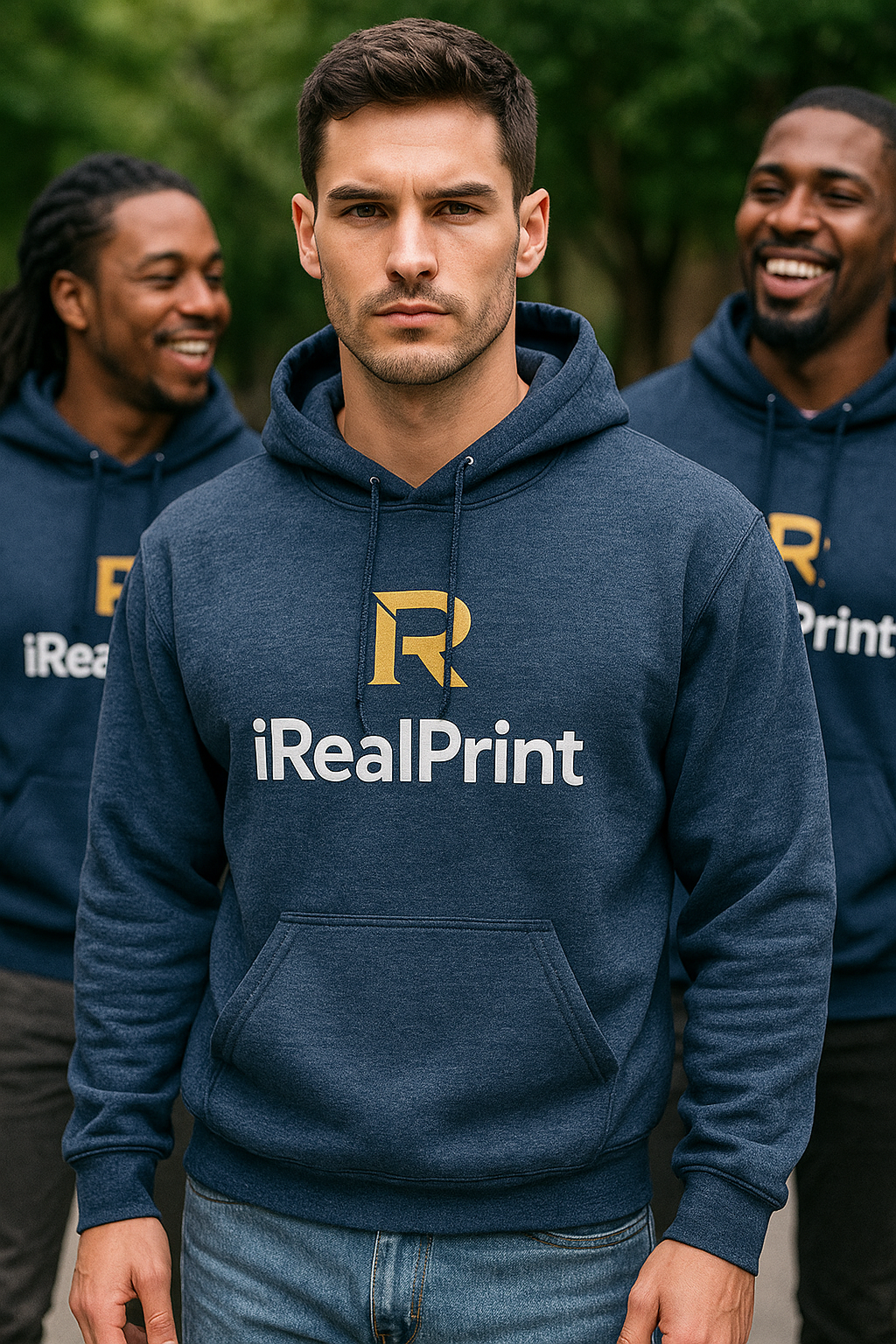 hanorace-barbati-personalizate-heather-navy-echipa-branding-streetwear-modern-irealprint Grup de bărbați purtând hanorace personalizate heather navy iRealPrint într-un context urban modern, ilustrând stil streetwear contemporan, branding vizibil pentru echipe și identitate vizuală puternică pentru evenimente sau companii
