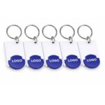 Serie de brelocuri albe cu fisă personalizabilă și logo vizibil, soluție practică pentru branding constant