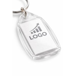 Breloc promoțional transparent cu insert foto personalizat față-verso, ideal pentru branding și comunicare vizuală dublă