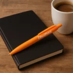 Pix bambus personalizat Foxy portocaliu pe notebook, obiect promoțional eco utilizat pentru branding și cadouri corporate.