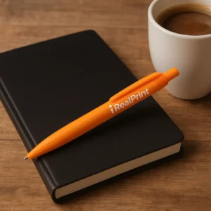 Pix bambus personalizat Foxy portocaliu pe notebook, obiect promoțional eco utilizat pentru branding și cadouri corporate.