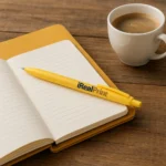 Pix bambus personalizat Foxy galben așezat pe un carnet lângă o ceașcă de cafea, obiect promoțional eco utilizat în mediul business