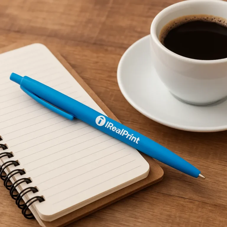 Pix bambus personalizat Foxy albastru turcoaz așezat pe o agendă lângă o ceașcă de cafea, obiect promoțional eco utilizat în mediul business