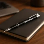 Pix metalic aluminiu Hello negru poziționat pe agendă de birou într-un context profesional, pix promoțional metalic personalizabil cu logo pentru branding premium