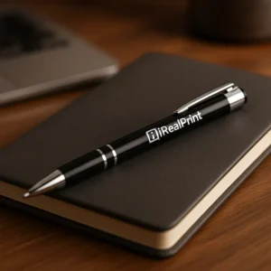 Pix metalic aluminiu Hello negru poziționat pe agendă de birou într-un context profesional, pix promoțional metalic personalizabil cu logo pentru branding premium
