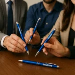 Pix metalic aluminiu personalizat Hello albastru utilizat într-o întâlnire de echipă în mediul business, pix promoțional metalic cu logo pentru conferințe și branding corporate