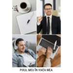Colaj utilizări pix promoțional Elipse White cu accente negre în diferite contexte zilnice precum birou, meetinguri sau lucru pe laptop