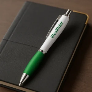 Persoane ținând pixuri personalizate Elipse White verzi într-un context business, obiecte promoționale utilizate pentru branding și marketing corporate