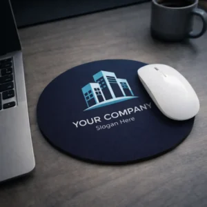 Mouse pad rotund personalizat cu logo companie imprimat central, accesoriu promoțional elegant pentru birouri corporate și branding vizibil
