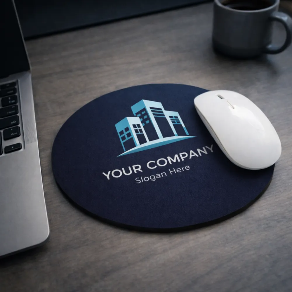 mouse-pad-rotund-personalizat-logo-companie-birou-modern Mouse pad rotund personalizat cu logo companie imprimat central, accesoriu promoțional elegant pentru birouri corporate și branding vizibil