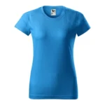 Tricou damă personalizat albastru prezentat frontal pe fundal neutru, suprafață ideală pentru personalizare cu logo sau design grafic