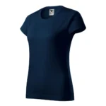 Tricou damă personalizat albastru navy fotografiat din perspectivă laterală pentru evidențierea croielii feminine și a formei produsului