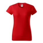 Tricou damă personalizat roșu prezentat frontal, evidențiind croiala feminină și suprafața ideală pentru personalizare
