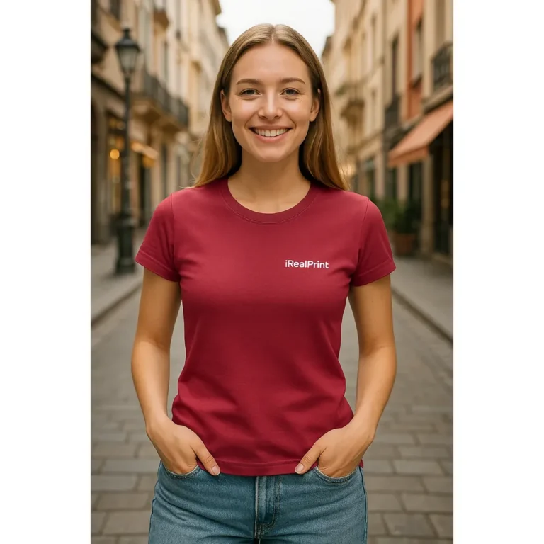 Model feminin purtând tricou damă personalizat roșu Marlboro într-un decor urban pe stradă, stil casual modern