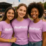Trei femei purtând tricouri damă personalizate roz orhidee, fotografie lifestyle care evidențiază utilizarea în contexte sociale și casual
