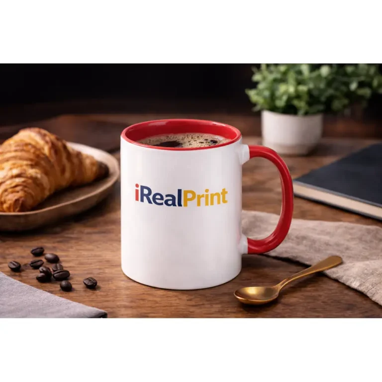 Cană personalizată cu interior roșu cherry iRealPrint umplută cu cafea lângă croissant și boabe de cafea, sugerând un moment relaxant de mic dejun