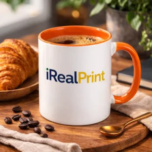 Cană personalizată cu interior portocaliu iRealPrint umplută cu cafea lângă croissant și boabe de cafea, sugerând un moment relaxant de mic dejun