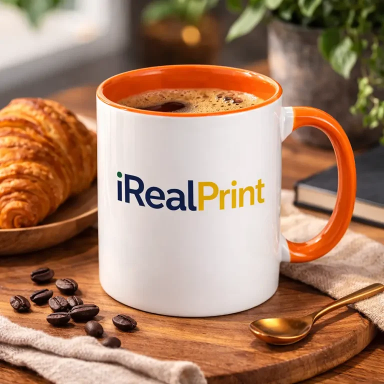 Cană personalizată cu interior portocaliu iRealPrint umplută cu cafea lângă croissant și boabe de cafea, sugerând un moment relaxant de mic dejun