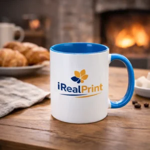 Cană personalizată cu interior albastru ocean și logo iRealPrint într-un decor cozy lângă șemineu și produse de patiserie, sugerând un moment relaxant de cafea