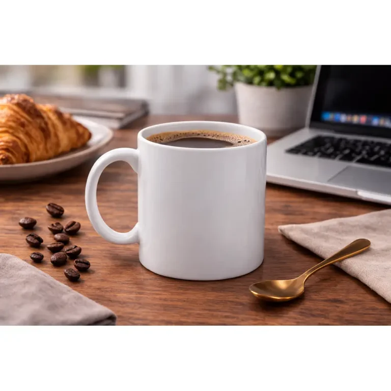 Cană albă personalizată 250ml cu băutură caldă pe birou lângă laptop, croissant și accesorii office, evidențiind utilizarea practică în rutina zilnică de lucru