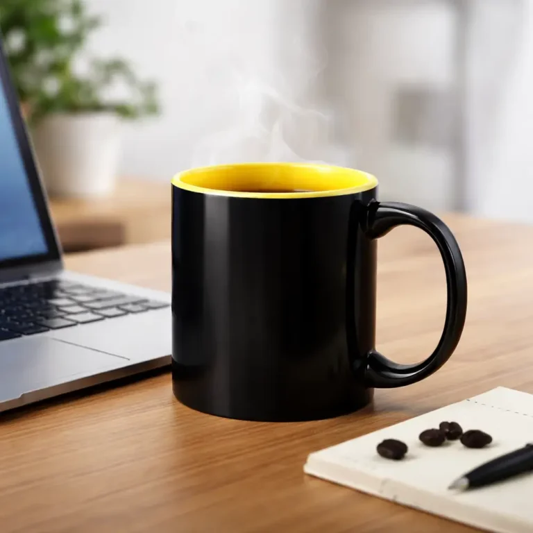 Cana termosensibila personalizata galben cu bautura fierbinte pe birou langa laptop si agenda, ilustrand utilizarea zilnica intr-un cadru modernre
