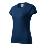 Tricou damă personalizat albastru nocturn fotografiat din perspectivă laterală pentru evidențierea croielii feminine și a liniei elegante a produsului