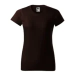 Model feminin purtând tricou damă personalizat cafea într-un interior elegant, exemplu de outfit casual premium cu personalizare vizibilă
